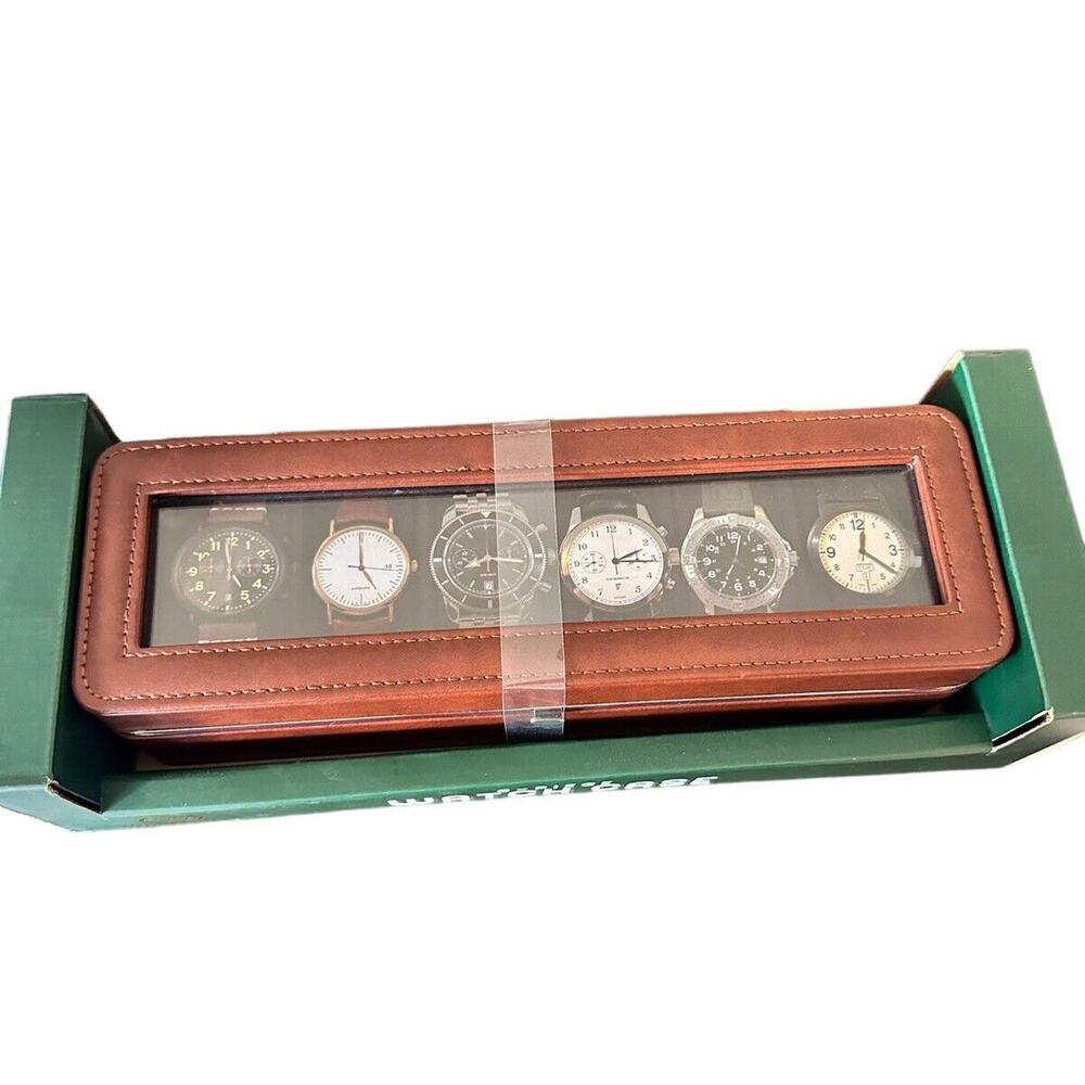 Woodburry 6 Piece Brown Leather Watch Case Built In Metal Frame Polished Nickel